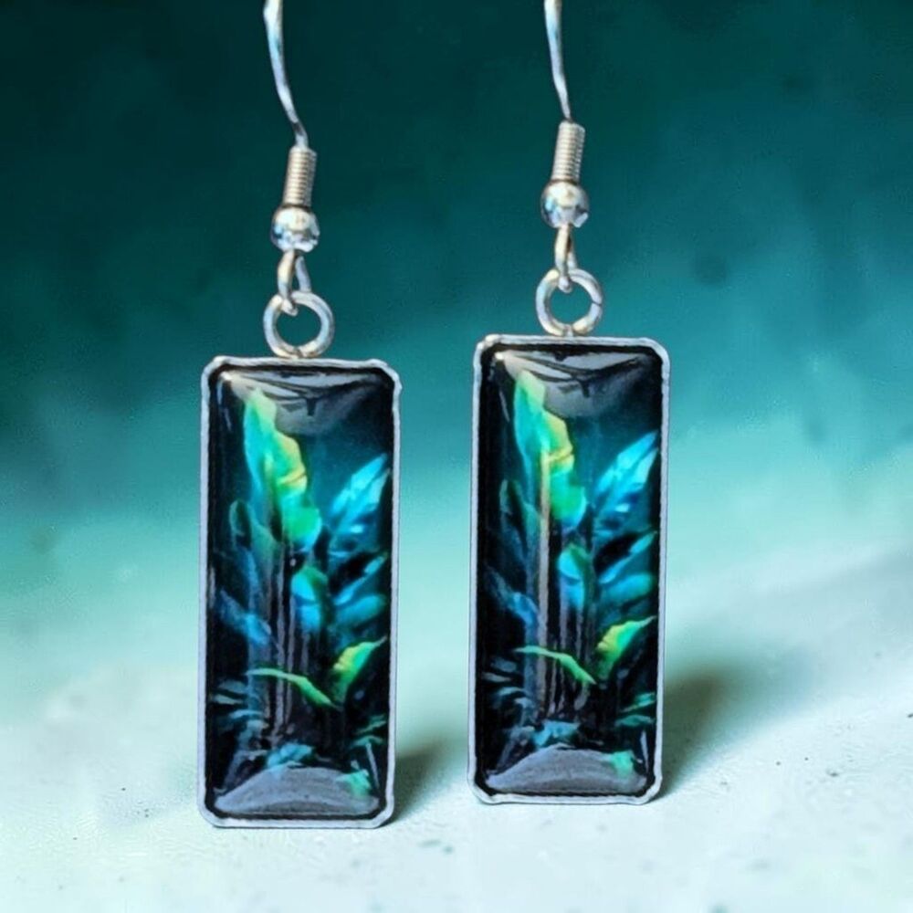 925 Sterling Silver Tropical Nights Blue Green Glass Domed Dangle Earrings